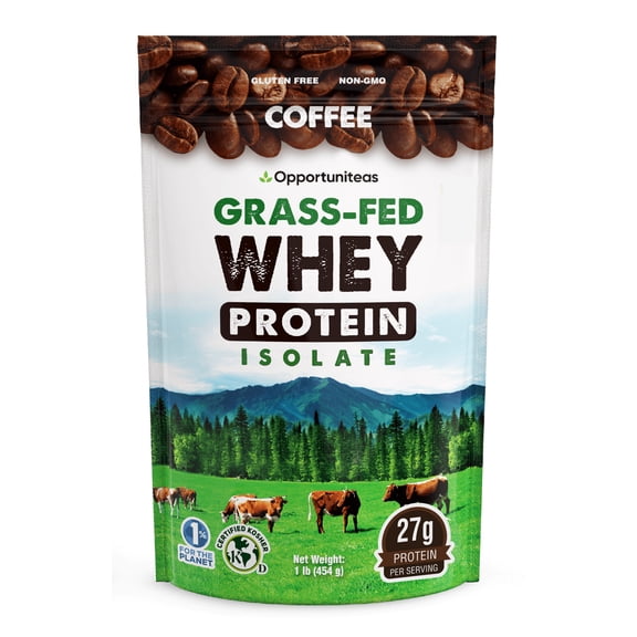 Opportuniteas - Grass Fed Whey Isolate Protein Powder, 27g Protein, Colombian Coffee, 1lb