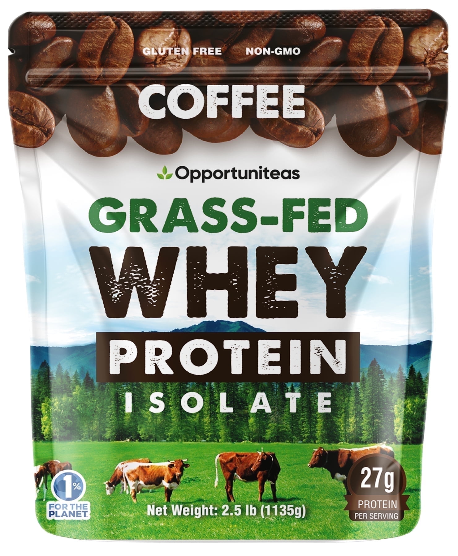 Opportuniteas Grass Fed Coffee Whey Protein Isolate Powder , 27g Protein Without Artificial Sweeteners, Hormone-Free Cows, Non GMO , 2.5 lbs