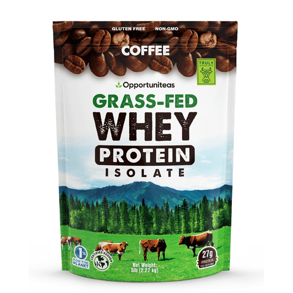 Opportuniteas Grass Fed Coffee Whey Protein Isolate Powder - 27g Protein Powder Without Artificial Sweeteners, 60mg Caffeine, Hormone-Free Cows - 5lb