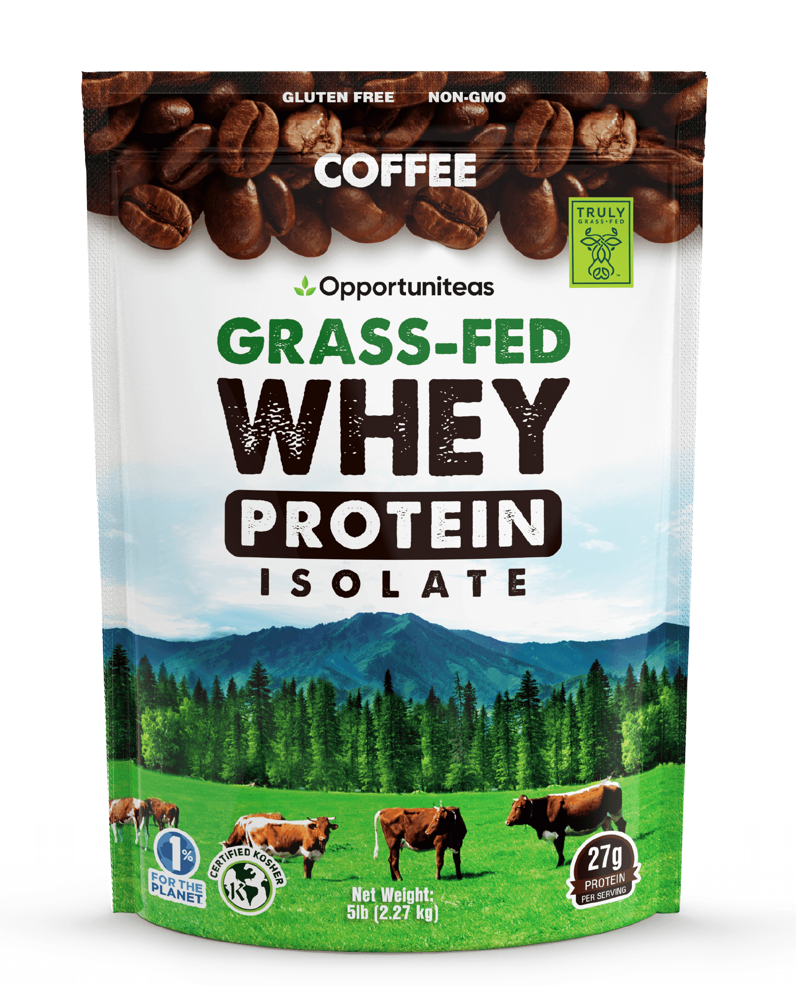 Opportuniteas Grass Fed Coffee Whey Protein Isolate Powder - 27g Protein Powder Without Artificial Sweeteners, 60mg Caffeine, Hormone-Free Cows - 5lb