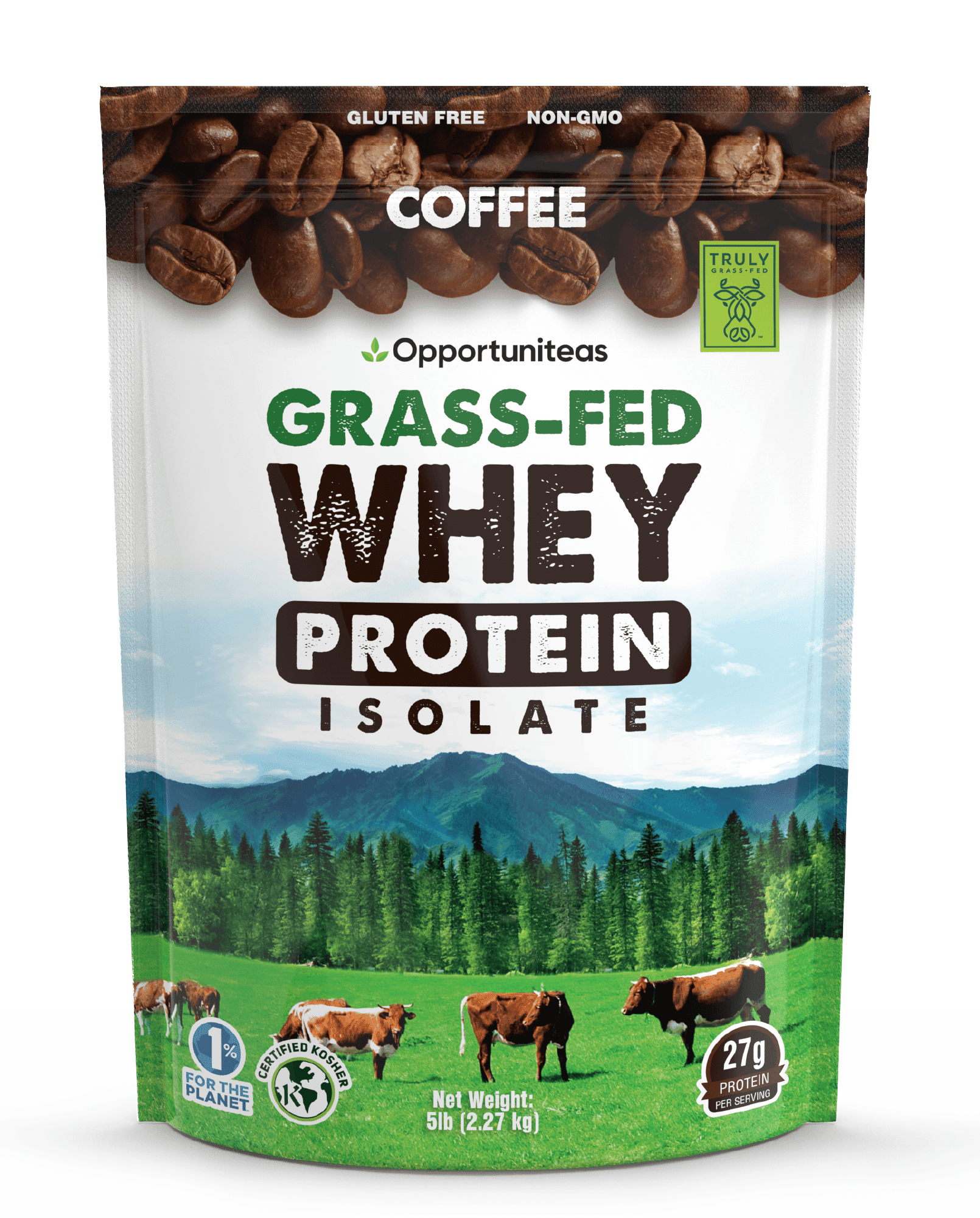 Opportuniteas - Grass Fed Whey Isolate Protein Powder, 27g Protein, Colombian Coffee, 5lb