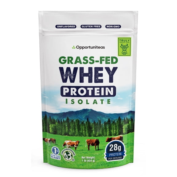 Opportuniteas Grass Fed Whey Isolate Protein Powder – Unflavored, Heavy-Metal Tested, 28g Protein, Sourced from Ireland, Hormone-Free, Non-GMO, Packaged in USA – 1lb