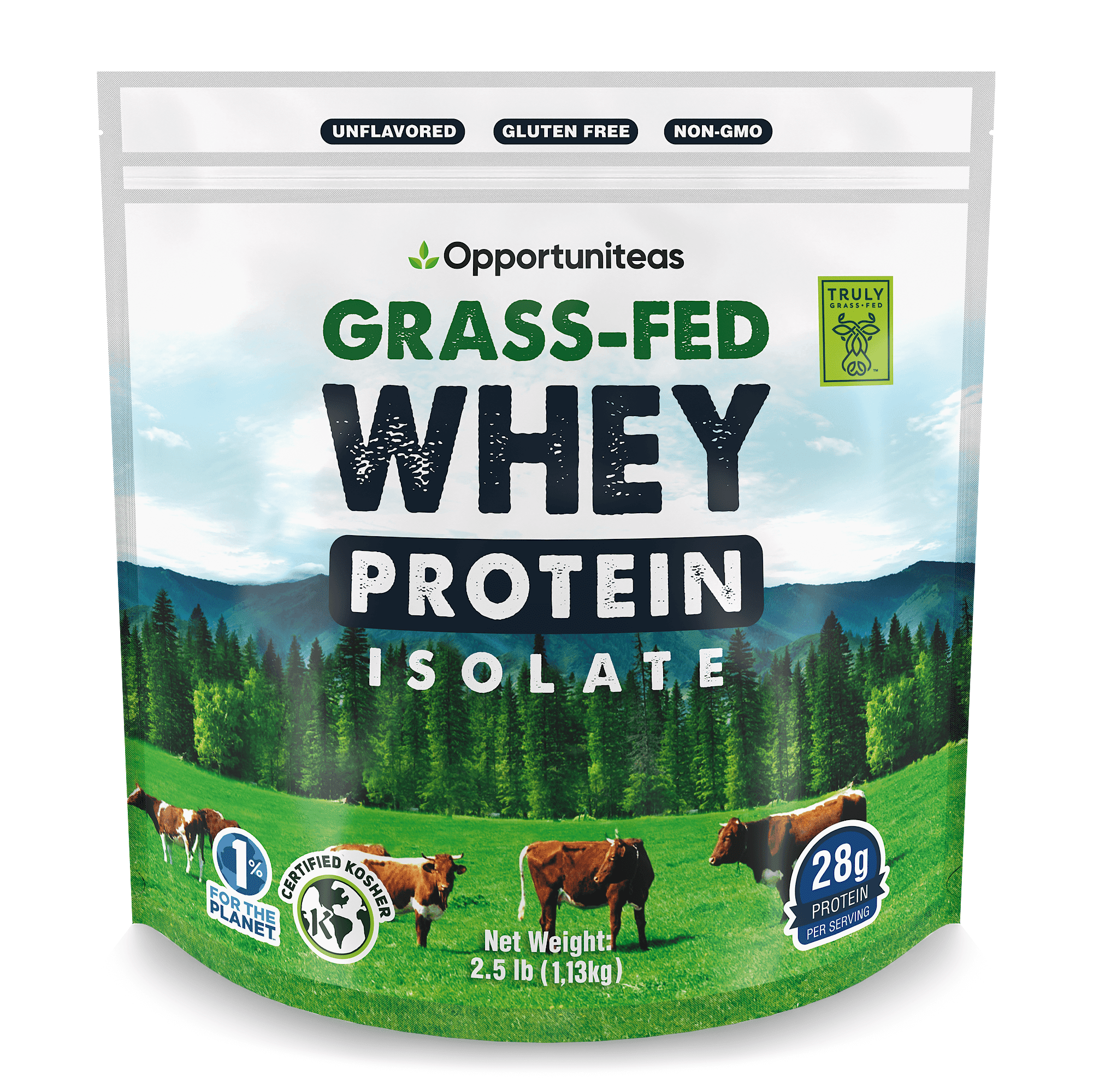 Opportuniteas - Grass Fed Whey Isolate Protein Powder, Unflavored, 28g Protein, 2.5lb