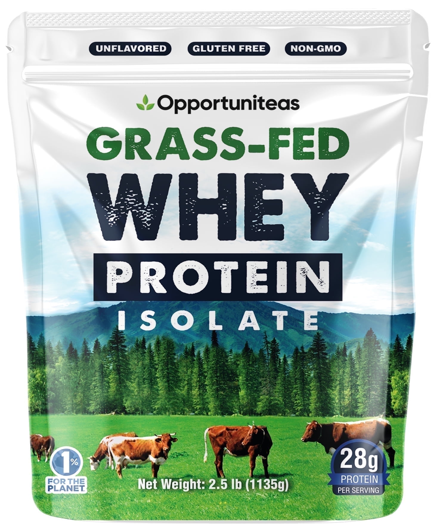 Opportuniteas - Grass Fed Whey Isolate Protein Powder, Unflavored, 28g Protein, 2.5lb