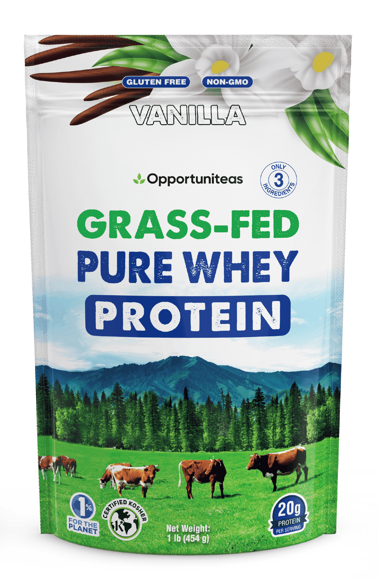 Opportuniteas - Grass Fed Whey Protein Powder Concentrate, Organic Vanilla, 1lb