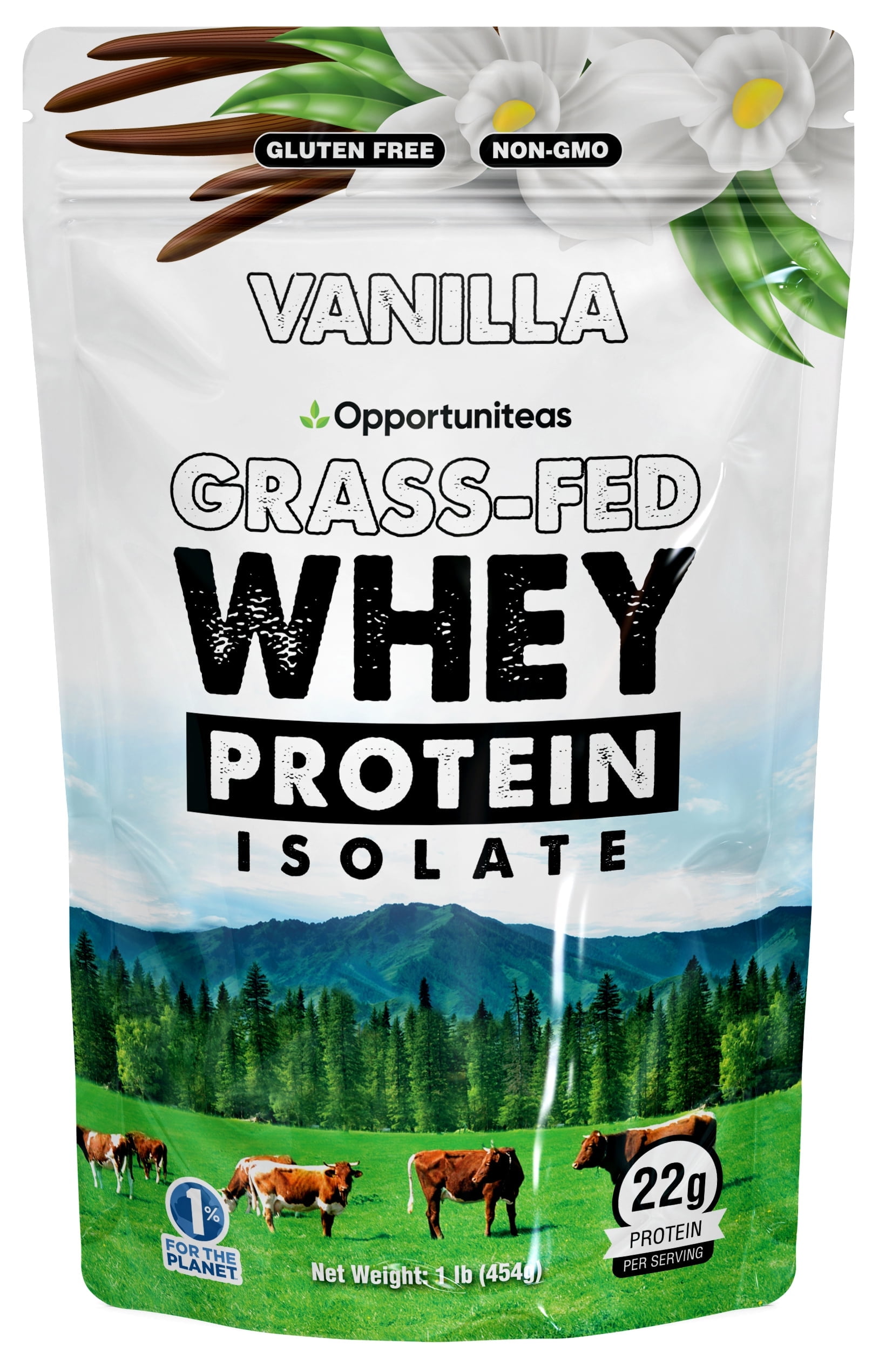 Opportuniteas Grass Fed Vanilla Whey Protein Isolate Powder , 22g Protein Powder Without Artificial Sweeteners, Hormone-Free Cows, Non GMO , 1lb