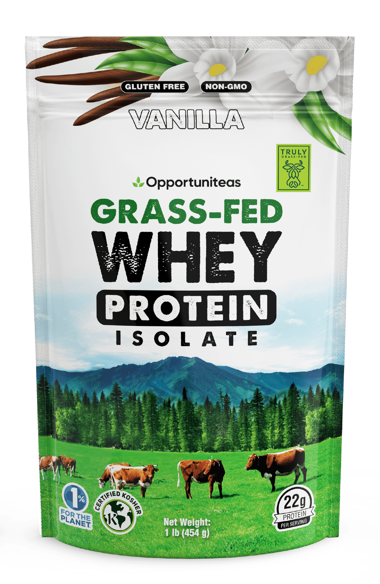 Opportuniteas Grass Fed Vanilla Whey Protein Isolate Powder - 22g Protein Powder Without Artificial Sweeteners, Hormone-Free Cows, Non GMO - 1lb