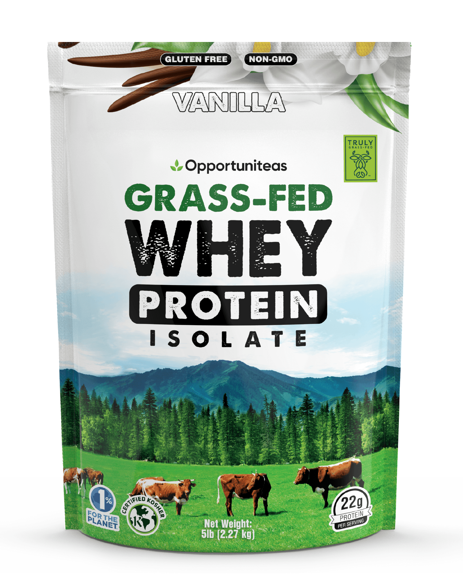 Opportuniteas Grass Fed Vanilla Whey Protein Isolate Powder , 22g Protein Powder Without Artificial Sweeteners, Hormone-Free Cows, Non GMO , 5 lbs