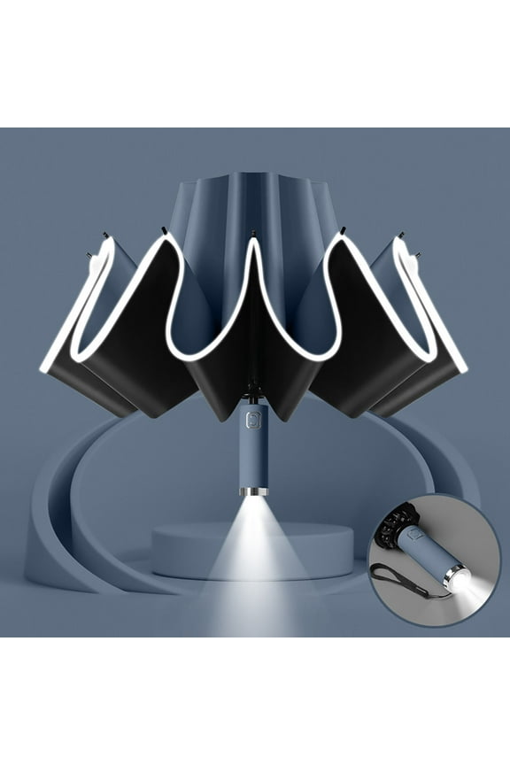 Opposite Direction Folding Reflective Stripe Windproof Fully Automatic Compact 10 Rib Travel Umbrella, 13 Inches Folded, 41 Inches Diameter, LED Clear Umbrella Option