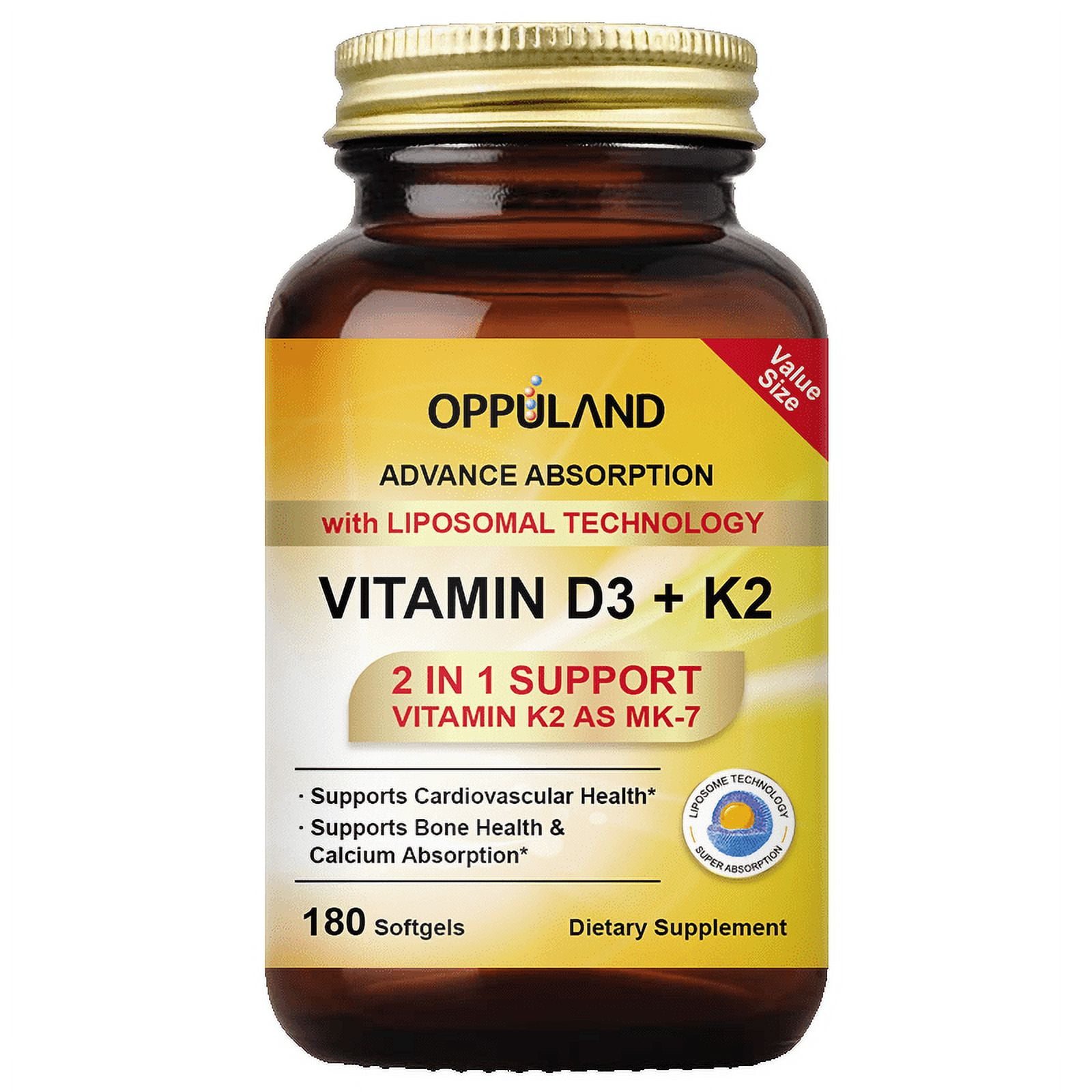 Oppuland 2 in 1 Vitamin D3K2 D3 5000 IU + K2 (MK-7) 100 MCG | 180ct Liposomal Softgels Supporting Bone Health, Calcium Absorption and Heart Health