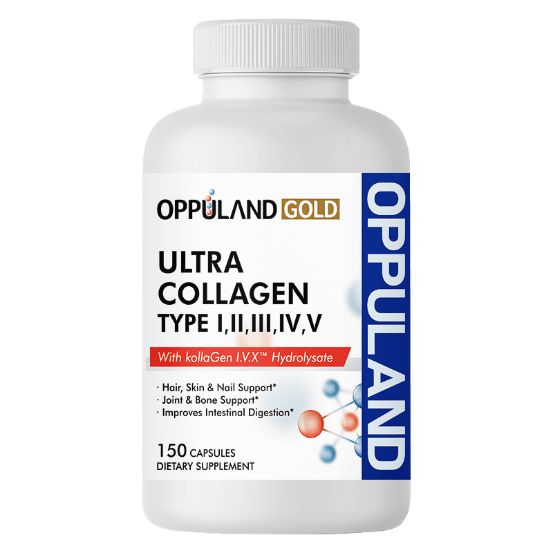 Oppuland Gold Ultra Collagen – Types I, II, III, IV, V – 150 Capsules | Multi Collagen Complex with Kollagen I.V.X™ | Hair, Skin, Nails, Joints & Digestion Support Supplement
