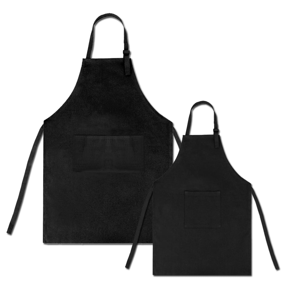 Opromo Colorful Cotton Canvas Kid\'s & Adult\'s Aprons with Pocket, Artist Apron & Chef Apron in Set (Black, 27"L x 22"W/29"L x 24"W)
