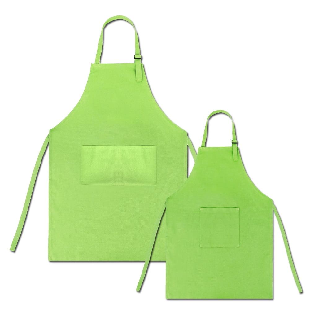 Opromo Colorful Cotton Canvas Kid\'s & Adult\'s Aprons with Pocket, Artist Apron & Chef Apron in Set (Green, 27"L x 22"W/29"L x 24"W)