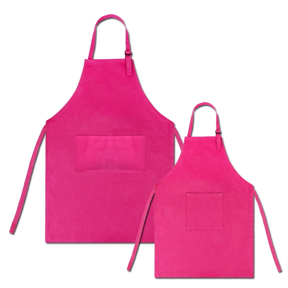 Opromo Colorful Cotton Canvas Kid\'s & Adult\'s Aprons with Pocket, Artist Apron & Chef Apron in Set (Hot Pink, 23"L x 17"W/29"L x 24"W)