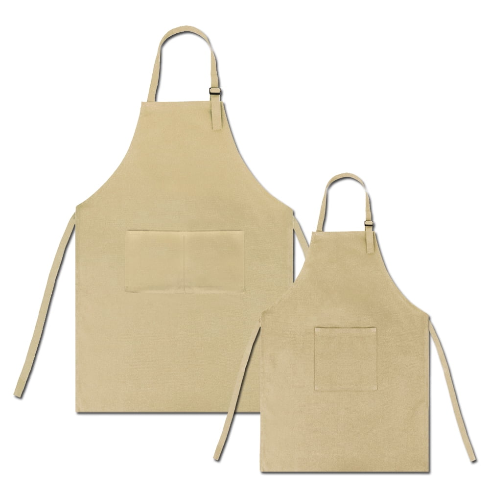 Opromo Colorful Cotton Canvas Kid\'s & Adult\'s Aprons with Pocket, Artist Apron & Chef Apron in Set (Khaki, 23"L x 17"W/29"L x 24"W)