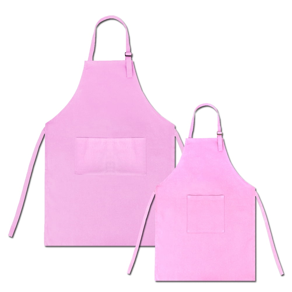 Opromo Colorful Cotton Canvas Kid\'s & Adult\'s Aprons with Pocket, Artist Apron & Chef Apron in Set (Light Pink, 22"L x 15"W/29"L x 24"W)