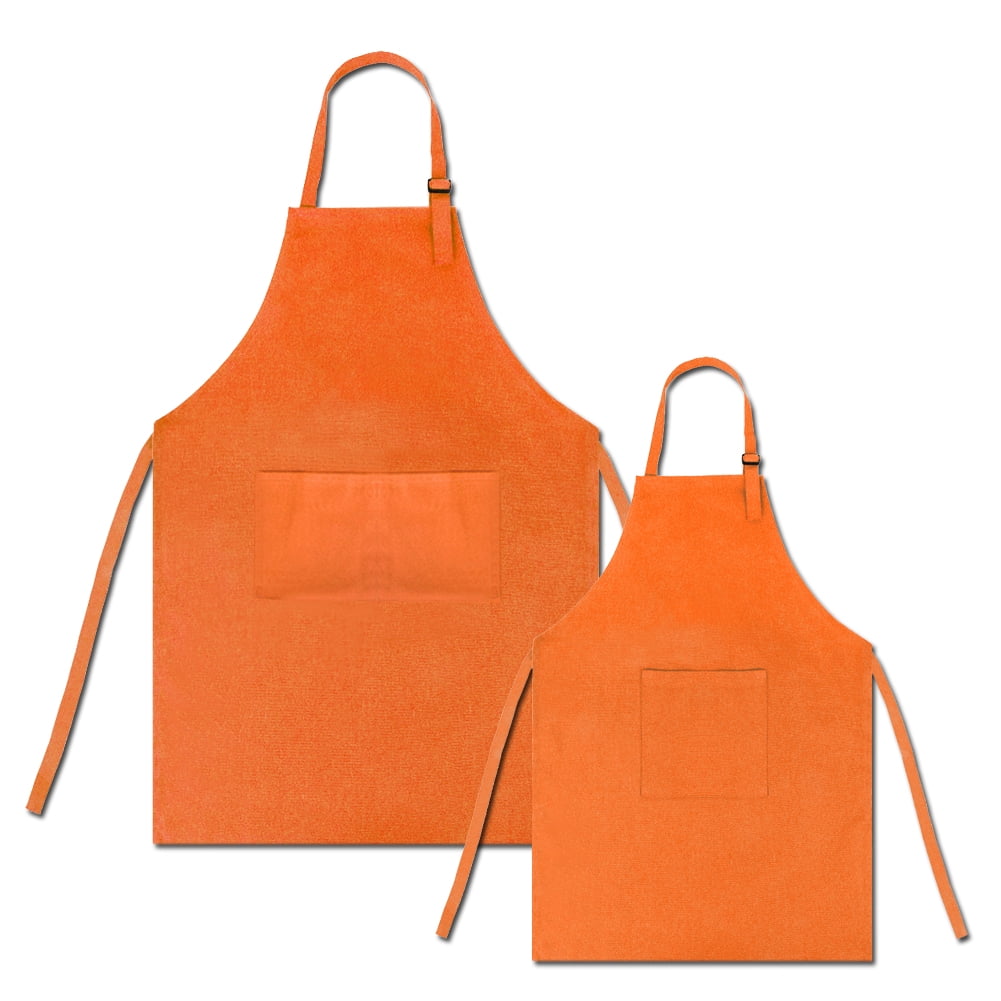 Opromo Colorful Cotton Canvas Kid\'s & Adult\'s Aprons with Pocket, Artist Apron & Chef Apron in Set (Orange, 21"L x 13"W/29"L x 24"W)
