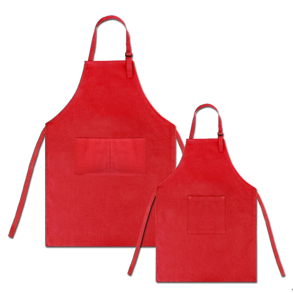 Opromo Colorful Cotton Canvas Kid\'s & Adult\'s Aprons with Pocket, Artist Apron & Chef Apron in Set (Red, 27"L x 22"W/29"L x 24"W)