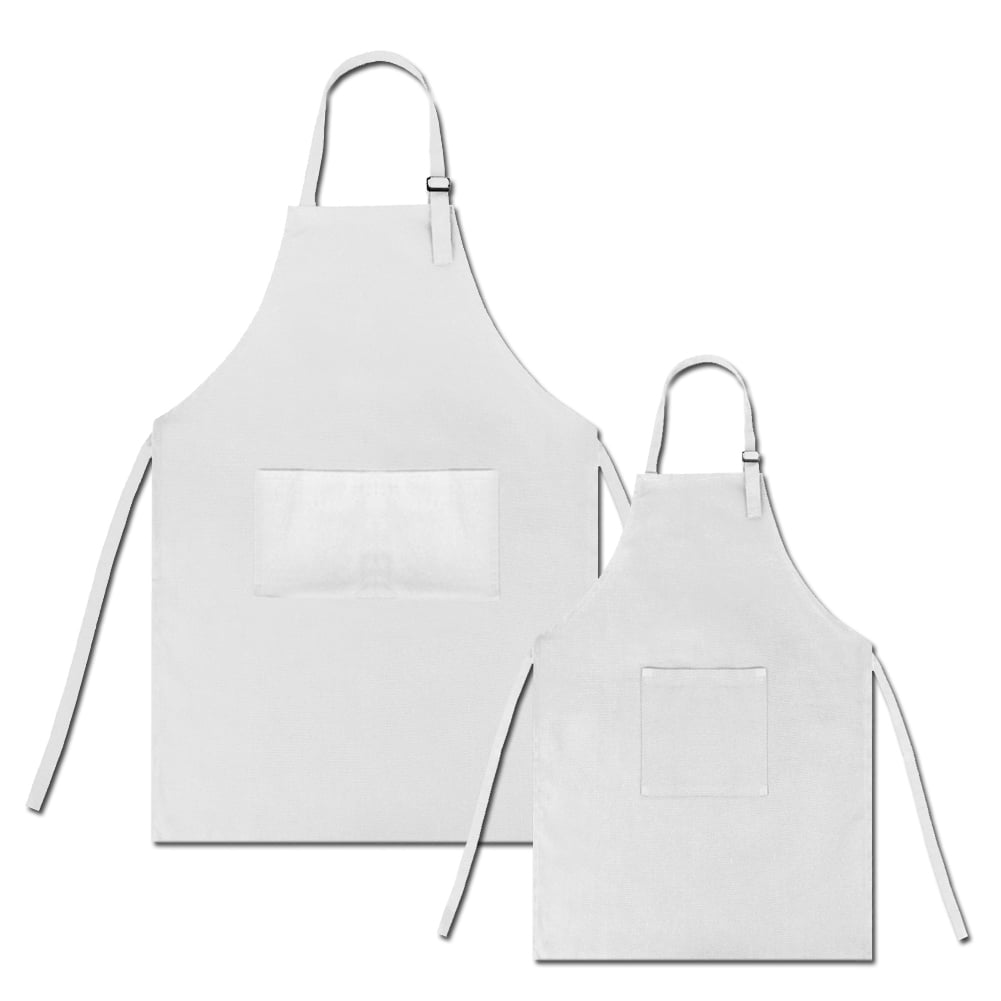 Opromo Colorful Cotton Canvas Kid\'s & Adult\'s Aprons with Pocket, Artist Apron & Chef Apron in Set (White, 21"L x 13"W/29"L x 24"W)