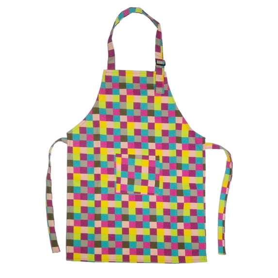 Opromo Colorful Cotton Canvas Kid\'s Aprons with Pocket, Artist Apron & Chef Apron (Grid, 27"L x 22"W)
