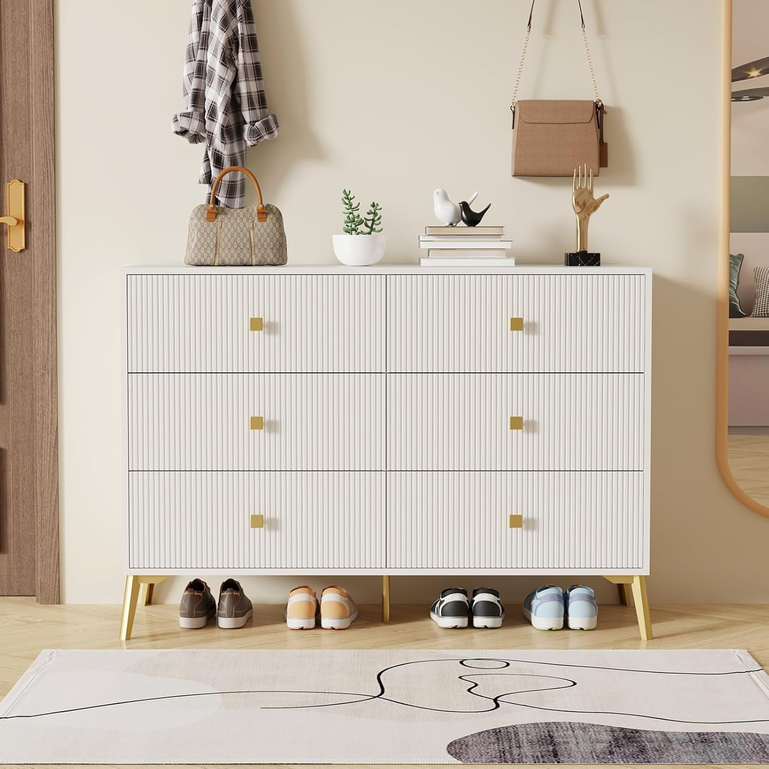 Opspring 6 Drawer Bedroom Dresser, Modern Fluted White and Gold Dresser ...