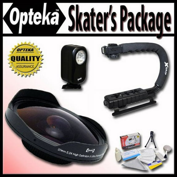 Opteka Deluxe Skaters Package with OPT-SC37FE 0.3X Ultra Fisheye Lens, X-GRIP Handle & 3 Watt Light for Samsung SC-D101, D103, D105, D107, D200, D230, D250, D270, D303, D305, D307 Digital Camcorders