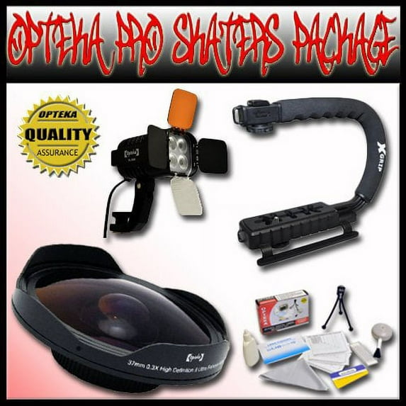 Opteka PRO Filmer "Skaters" Package includes the Opteka "Baby Death" 0.3X HD Fisheye Lens, Opteka VL-800 Pro LED Video Light Kit & Opteka X-GRIP Handle for 25mm, 30mm, 30.5mm, & 37mm Camcorders