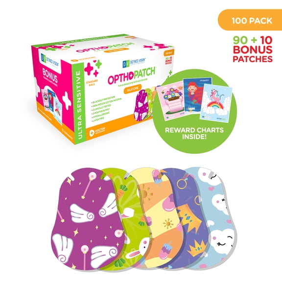 Opthopatch Eye Patches for Kids with Ultra Sensitive Silicone Adhesive, 100 Hypoallergenic Patches for Amblyopia & Lazy Eye, Fun Girl-Friendly Designs, 3 Rewards Chart Included by Defined Vision