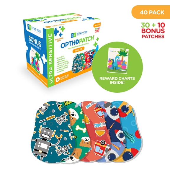 Opthopatch Eye Patches for Kids with Ultra Sensitive Silicone Adhesive, 40 Hypoallergenic Patches for Amblyopia & Lazy Eye, Cool Boy-Friendly Designs, 1 Rewards Chart Included by Defined Vision