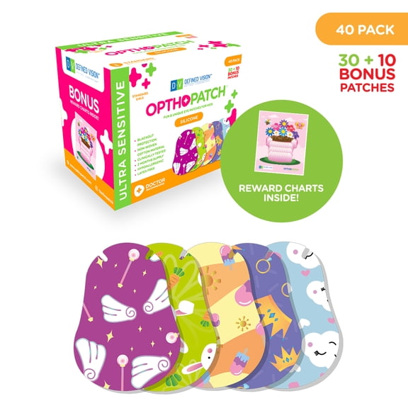Opthopatch Eye Patches for Kids with Ultra Sensitive Silicone Adhesive, 40 Hypoallergenic Patches for Amblyopia & Lazy Eye, Fun Girl-Friendly Designs, 1 Rewards Chart Included by Defined Vision