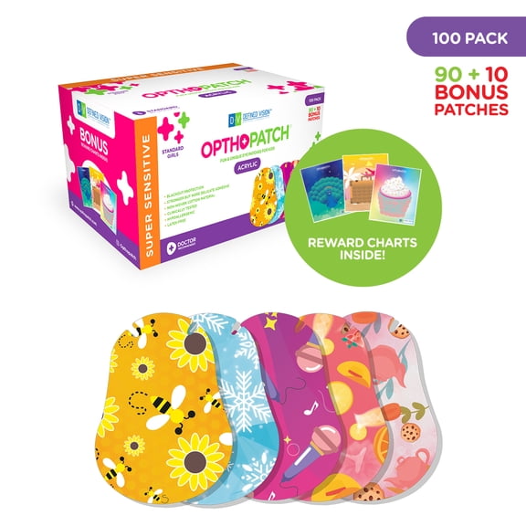 Opthopatch Kids Eye Patches with Extra Hypoallergenic Acrylic Adhesive, 100 Breathable Patches for Amblyopia & Lazy Eye, Chic Girl-Friendly Designs, Includes 3 Rewards Chart by Defined Vision