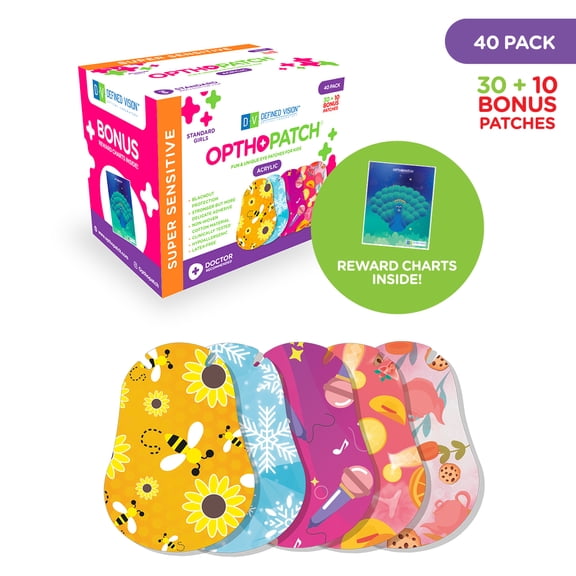 Opthopatch Kids Eye Patches with Extra Hypoallergenic Acrylic Adhesive, 40 Breathable Patches for Amblyopia & Lazy Eye, Chic Girl-Friendly Designs, Includes 1 Rewards Chart by Defined Vision