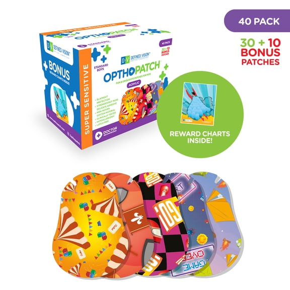 Opthopatch Kids Eye Patches with Extra Hypoallergenic Acrylic Adhesive, 40 Breathable Patches for Amblyopia & Lazy Eye, Fun Boy-Friendly Designs, Includes 1 Rewards Chart Included by Defined Vision