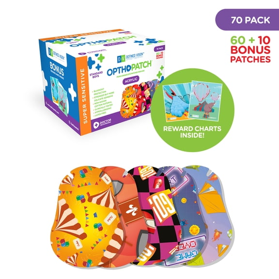 Opthopatch Kids Eye Patches with Extra Hypoallergenic Acrylic Adhesive, 70 Breathable Patches for Amblyopia & Lazy Eye, Fun Boy-Friendly Designs, Includes 2 Rewards Chart by Defined Vision