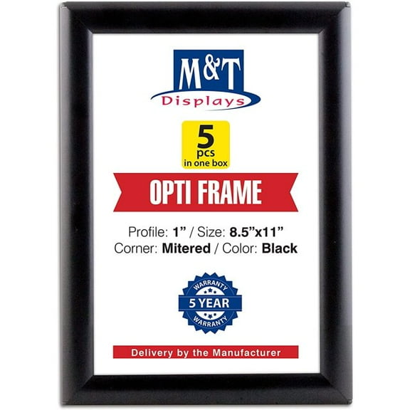 Opti Snap 8.5x11 Black Poster Frame 1" Aluminum Profile Wall Mount Photo Document Certificate Holder - 5 Pcs