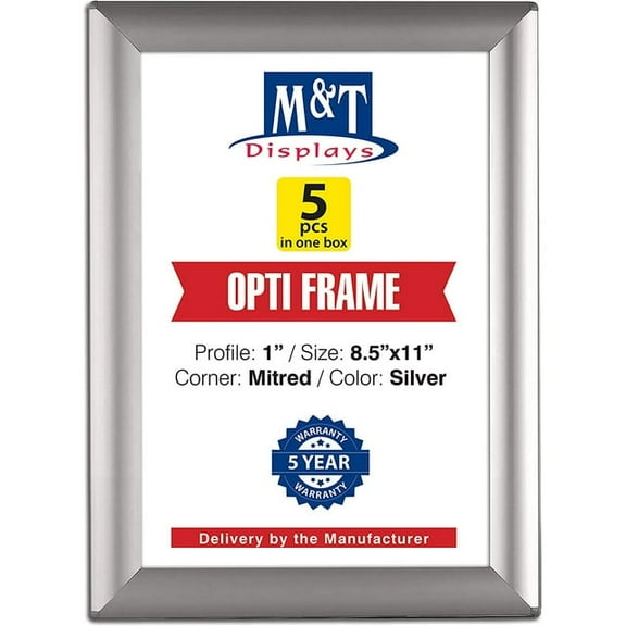 Opti Snap 8.5x11 Silver Poster Frame 1" Aluminum Profile Wall Mount Photo Document Certificate Holder - 5 Pcs