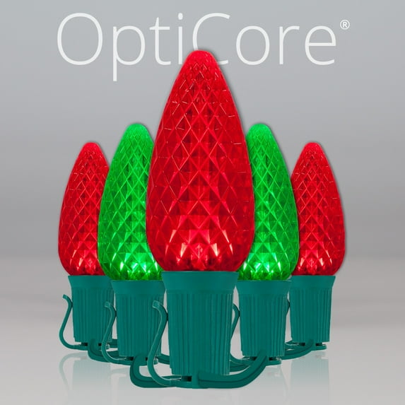 OptiCore C9 Red and Green Christmas Lights, LED String Lights with Shatterproof Christmas Bulbs, 50 Lights, 50ft