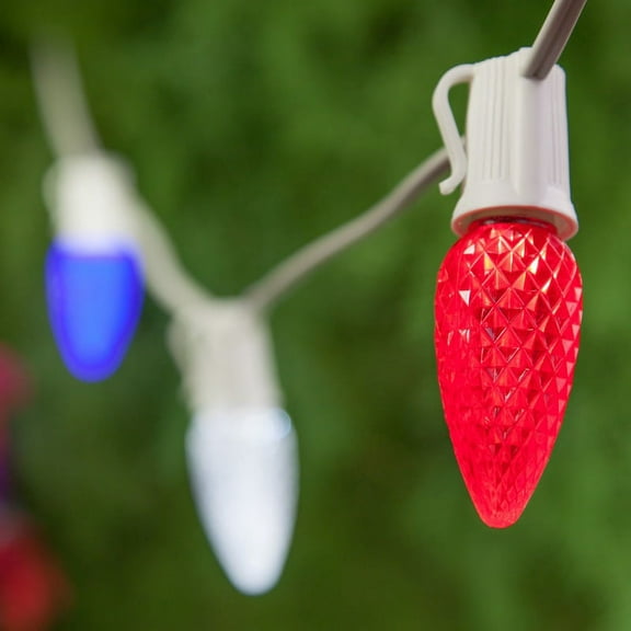OptiCore LED C9 Faceted Patriotic July 4th Red, White and Blue String Lights with Shatterproof Bulbs, 75 Lights, 75'