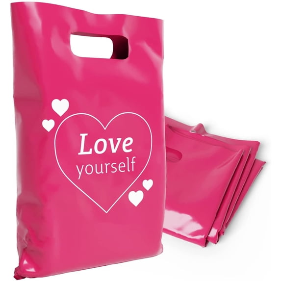 OptiPak 12x15 Merchandise Bags - Plastic Bags with Handles - Package Bags - Love Yourself Bulk of 50 Pack Bright Pink