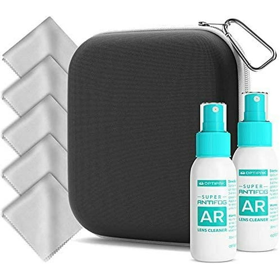 OptiPak Face Mask Storage Case Kit with Anti Fog Spray & Lens Cleaner Cloth Black