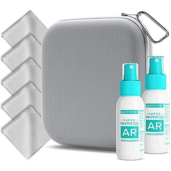 OptiPak Face Mask Storage Case Kit with Anti Fog Spray & Lens Cleaner Cloth Grey
