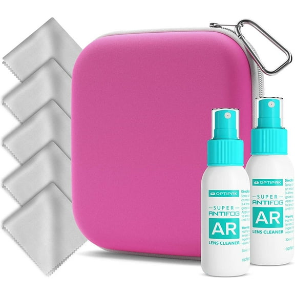 OptiPak Face Mask Storage Case Kit with Anti Fog Spray & Lens Cleaner Cloth Pink