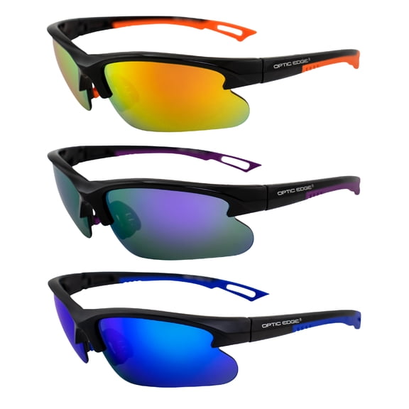 Optic Edge Fireball Wraparound Sports & Motorcycle Sunglasses Semi-Rimless 3 Pairs Black Frames w/Orange Purple & Blue Mirror Lenses