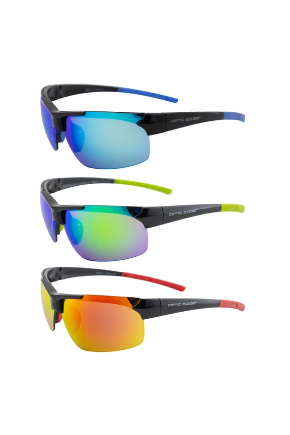 Frontrunner Sports & Motorcycle Sunglasses 3 Pairs Semi-Rimless Black Frame w/Blue Green & Red Mirror Lenses