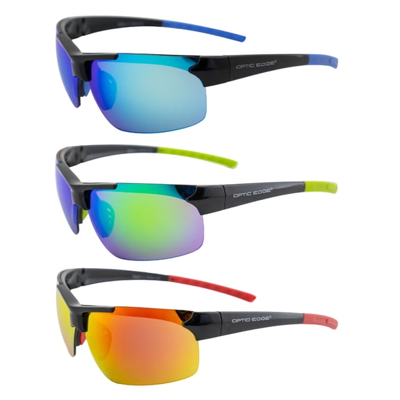 Optic Edge Frontrunner Sports & Motorcycle Sunglasses 3 Pairs Semi-Rimless Black Frame w/Blue Green & Red Mirror Lenses