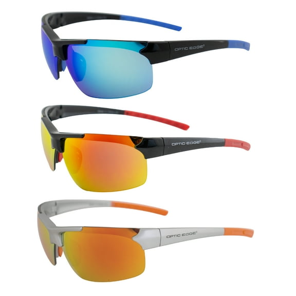 Optic Edge Frontrunner Sports & Motorcycle Sunglasses 3 Pairs Semi-Rimless Black Frame w/Blue Red & Orange Mirror Lenses