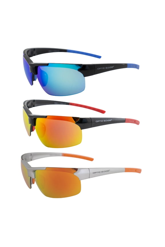 Frontrunner Sports & Motorcycle Sunglasses 3 Pairs Semi-Rimless Black Frame w/Blue Red & Orange Mirror Lenses