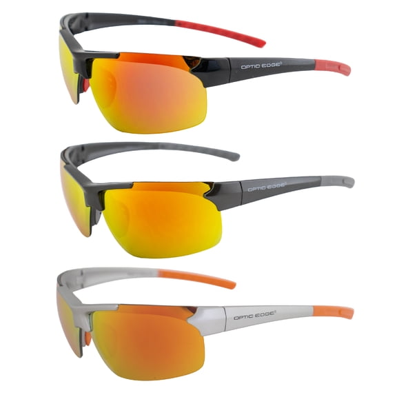 Optic Edge Frontrunner Sports & Motorcycle Sunglasses 3 Pairs Semi-Rimless Black Frame w/Red & Orange Mirror Lenses