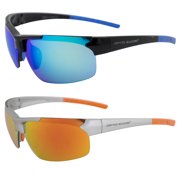 Optic Edge Frontrunner Sports & Motorcycle Sunglasses for Men or Women Semi-Rimless Black Frame w/Blue & Orange Mirror Lenses
