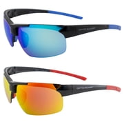 Optic Edge Frontrunner Sports & Motorcycle Sunglasses for Men or Women Semi-Rimless Black Frame w/Blue & Red Mirror Lenses